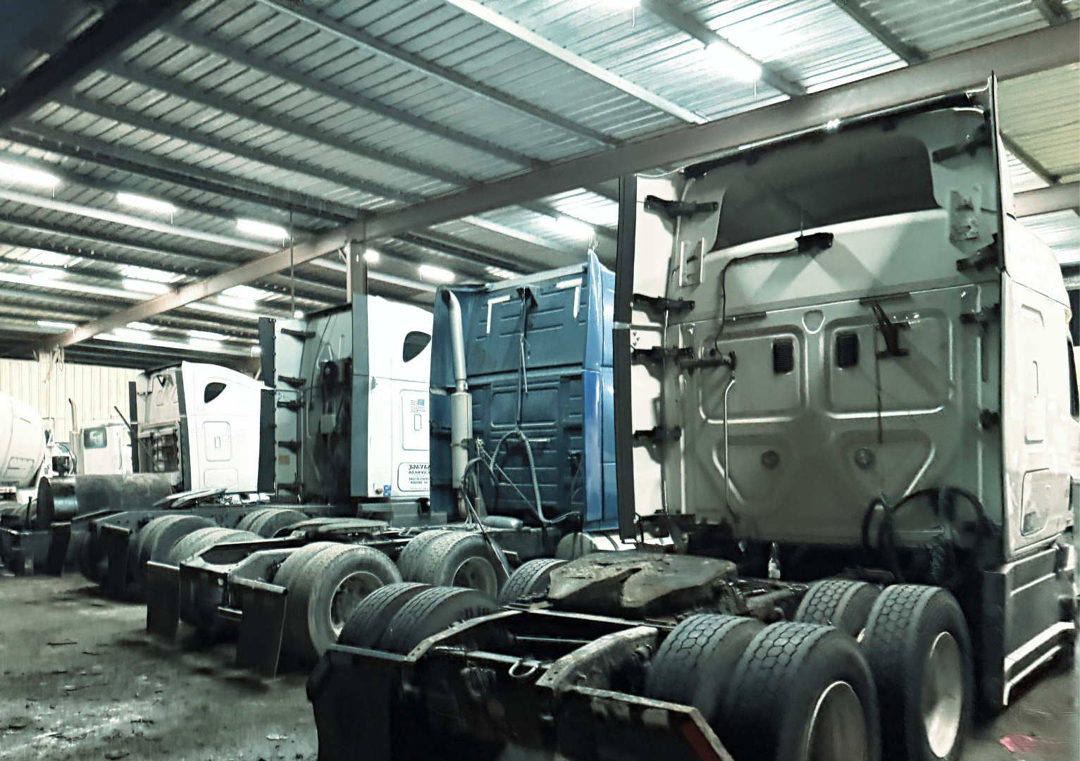 Semi truck inside MCM diesel repair shop in Houston TX